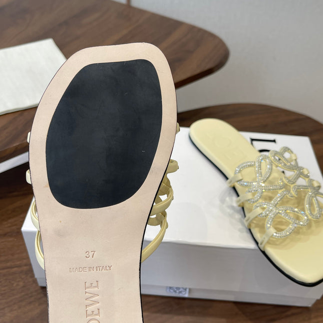 LOEWE 26S FLAT SANDALS IN LIGHT YELLOW CALFSKIN WITH CRYSTALS