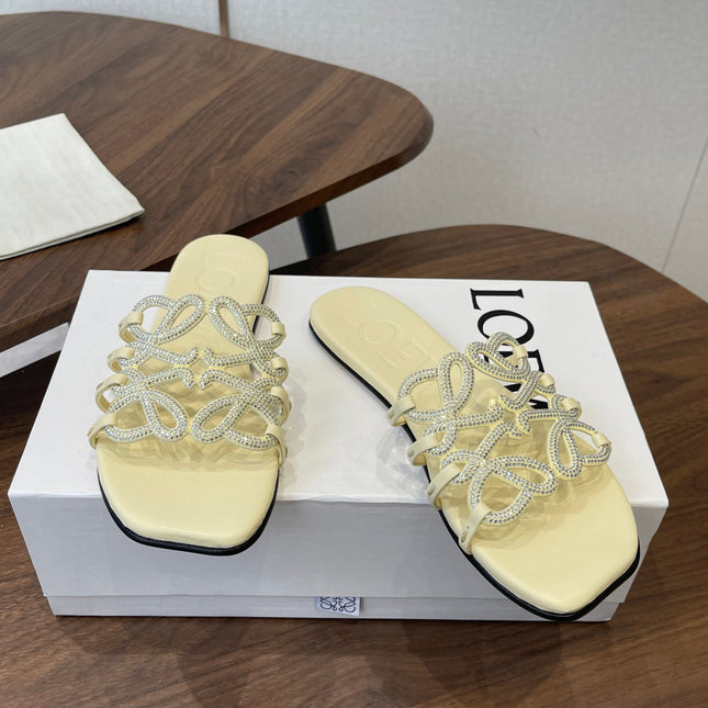 LOEWE 26S FLAT SANDALS IN LIGHT YELLOW CALFSKIN WITH CRYSTALS