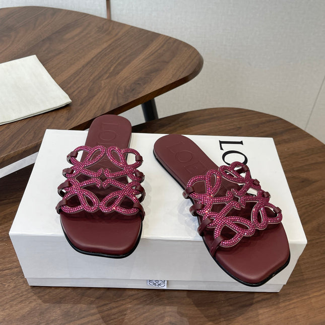 LOEWE 26S FLAT SANDALS IN WINE RED CALFSKIN WITH CRYSTALS
