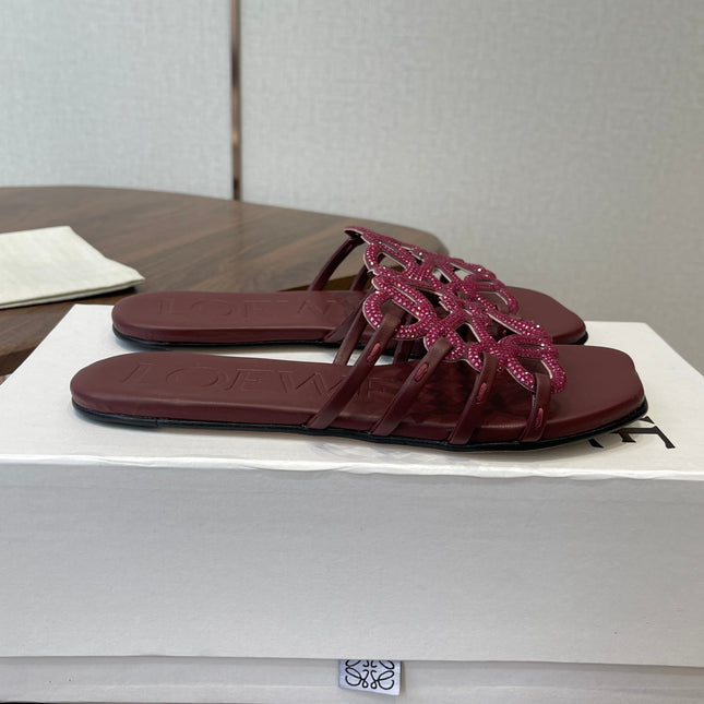 LOEWE 26S FLAT SANDALS IN WINE RED CALFSKIN WITH CRYSTALS