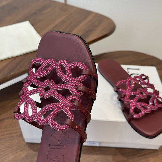 LOEWE 26S FLAT SANDALS IN WINE RED CALFSKIN WITH CRYSTALS