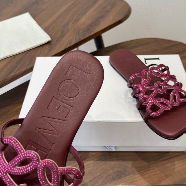 LOEWE 26S FLAT SANDALS IN WINE RED CALFSKIN WITH CRYSTALS