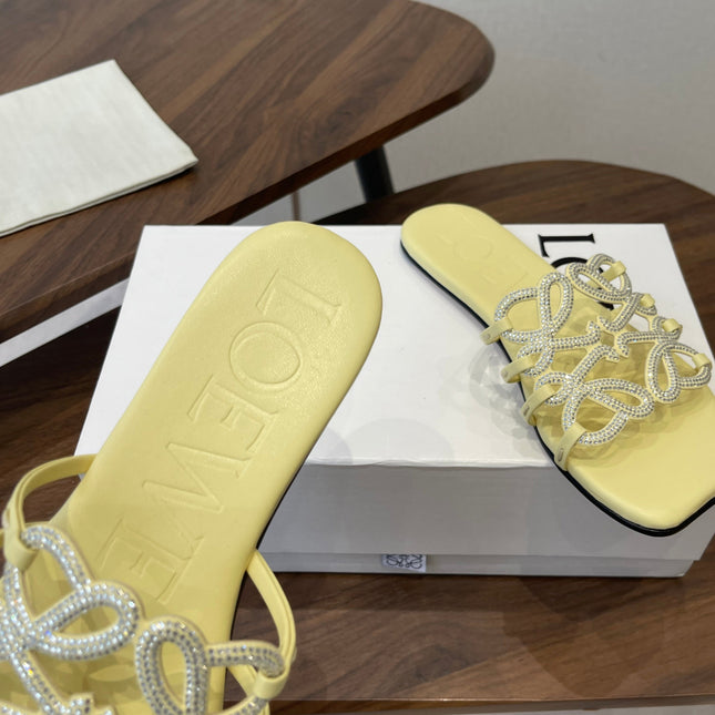 LOEWE 26S FLAT SANDALS IN YELLOW CALFSKIN WITH CRYSTALS
