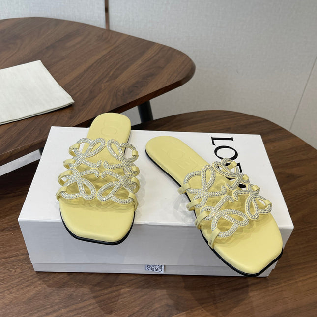 LOEWE 26S FLAT SANDALS IN YELLOW CALFSKIN WITH CRYSTALS