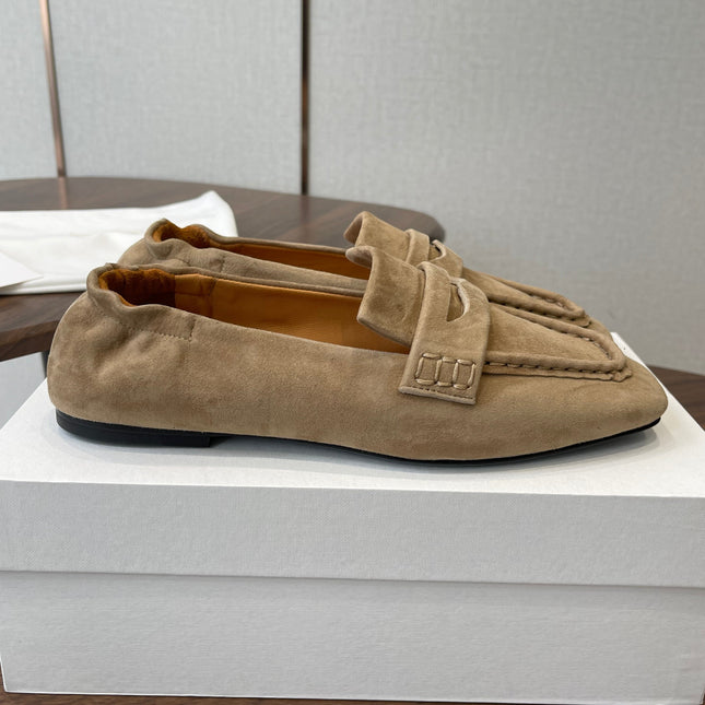 THE ROW 26S SQUARE TOE LOAFERS IN BEIGE SUEDE
