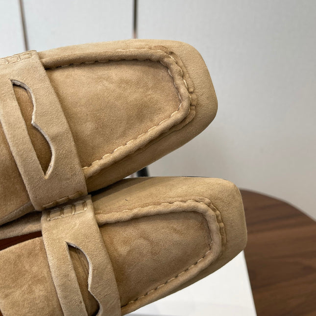 THE ROW 26S SQUARE TOE LOAFERS IN BEIGE SUEDE