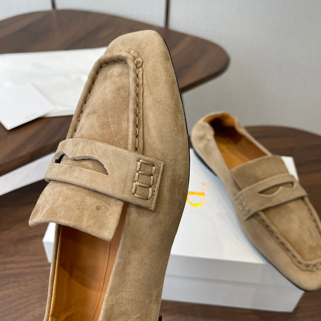 THE ROW 26S SQUARE TOE LOAFERS IN BEIGE SUEDE