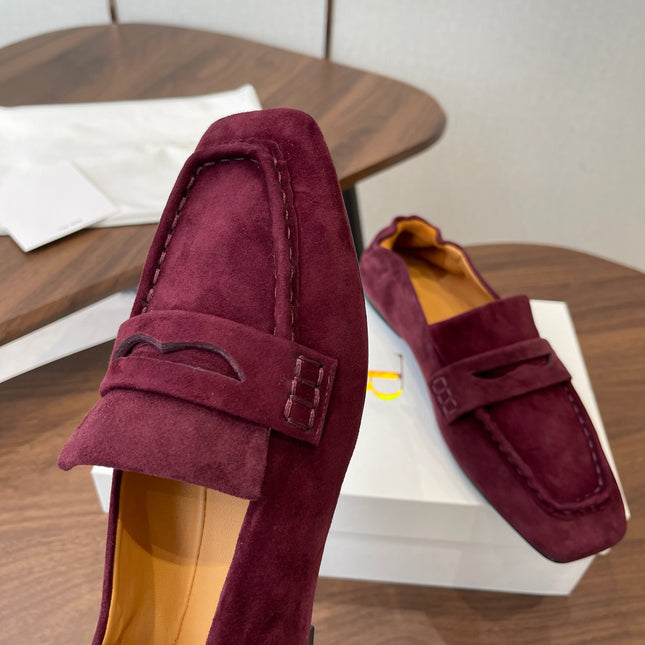 THE ROW 26S SQUARE TOE LOAFERS IN BURGUNDY RED SUEDE