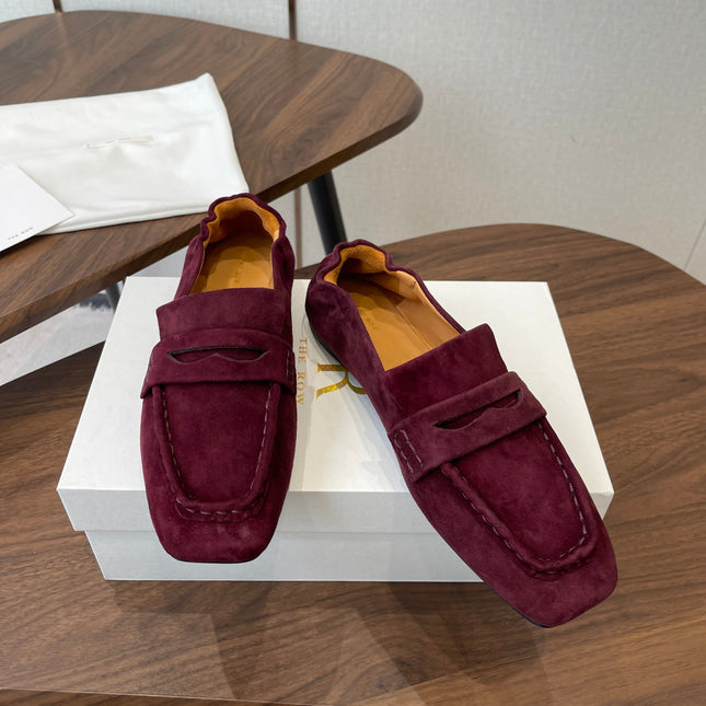 THE ROW 26S SQUARE TOE LOAFERS IN BURGUNDY RED SUEDE
