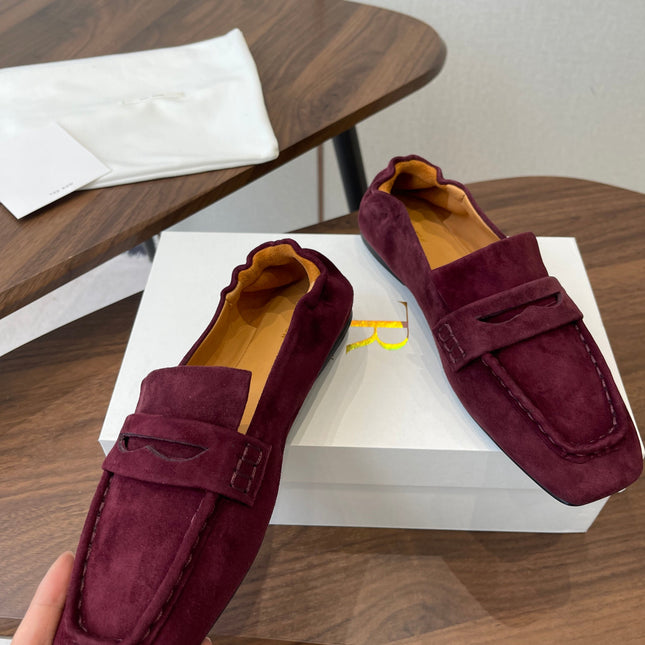 THE ROW 26S SQUARE TOE LOAFERS IN BURGUNDY RED SUEDE