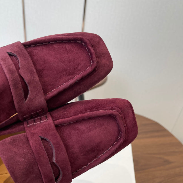 THE ROW 26S SQUARE TOE LOAFERS IN BURGUNDY RED SUEDE
