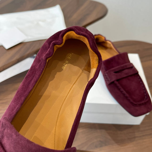 THE ROW 26S SQUARE TOE LOAFERS IN BURGUNDY RED SUEDE