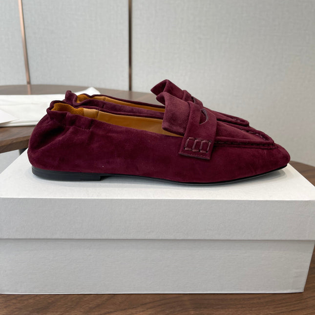 THE ROW 26S SQUARE TOE LOAFERS IN BURGUNDY RED SUEDE