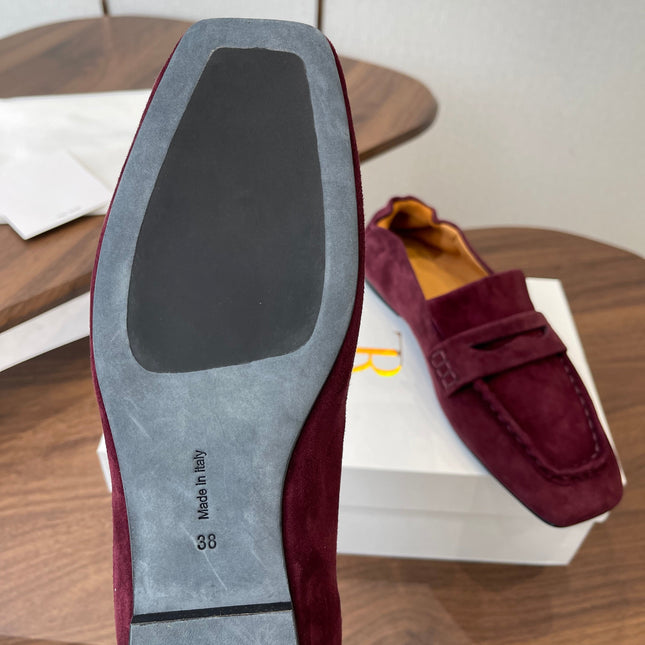THE ROW 26S SQUARE TOE LOAFERS IN BURGUNDY RED SUEDE