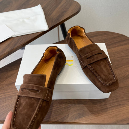 THE ROW 26S SQUARE TOE LOAFERS IN DARK BROWN SUEDE