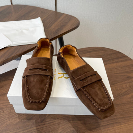 THE ROW 26S SQUARE TOE LOAFERS IN DARK BROWN SUEDE