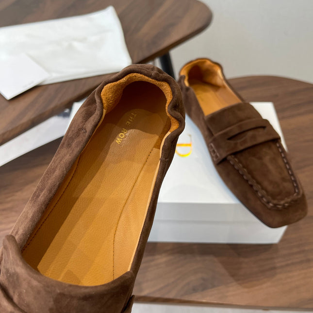 THE ROW 26S SQUARE TOE LOAFERS IN DARK BROWN SUEDE