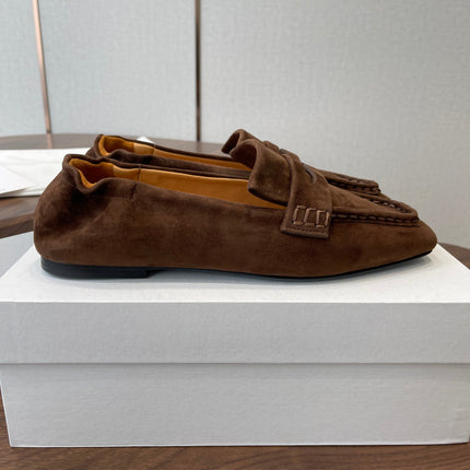 THE ROW 26S SQUARE TOE LOAFERS IN DARK BROWN SUEDE