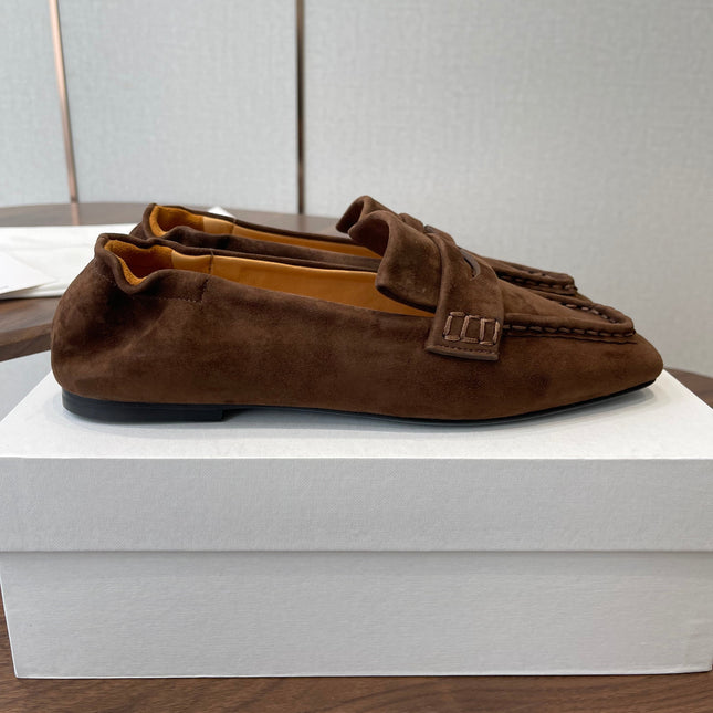 THE ROW 26S SQUARE TOE LOAFERS IN DARK BROWN SUEDE