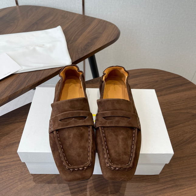 THE ROW 26S SQUARE TOE LOAFERS IN DARK BROWN SUEDE