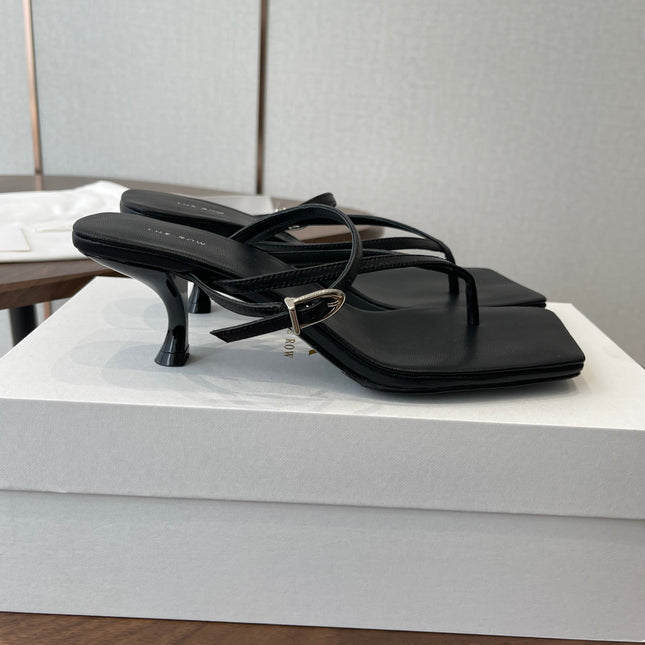 THE ROW 26S SQUARE TOE THONG HEELS IN BLACK CALFSKIN