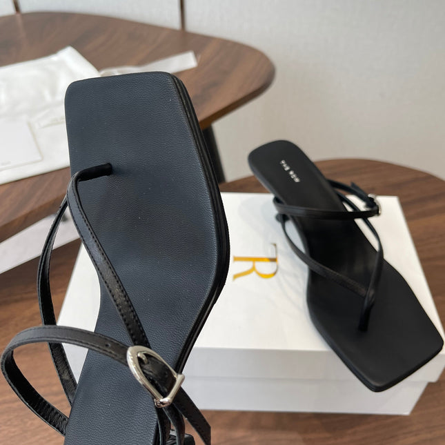THE ROW 26S SQUARE TOE THONG HEELS IN BLACK CALFSKIN