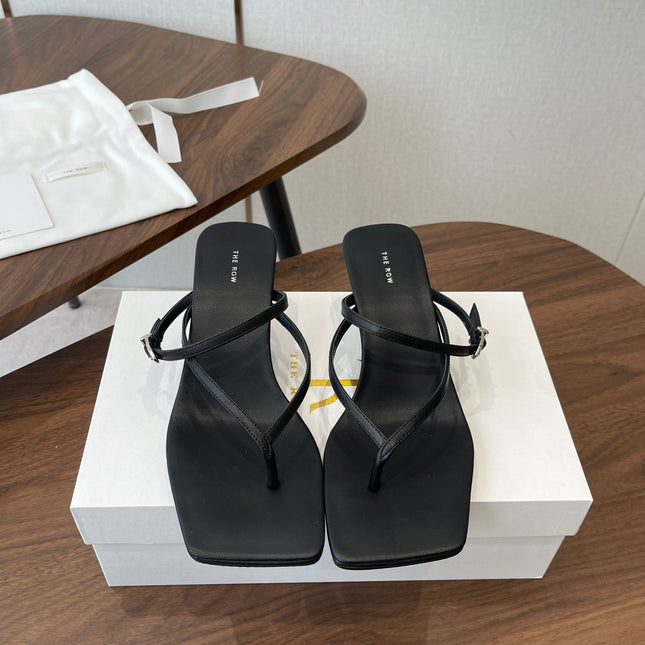 THE ROW 26S SQUARE TOE THONG HEELS IN BLACK CALFSKIN