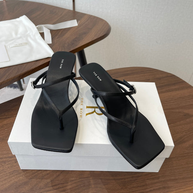 THE ROW 26S SQUARE TOE THONG HEELS IN BLACK CALFSKIN