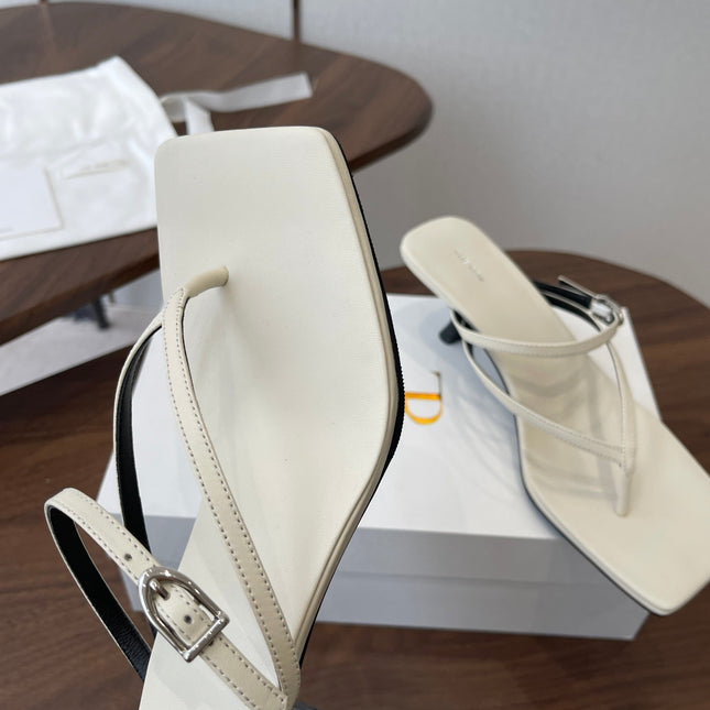 THE ROW 26S SQUARE TOE THONG HEELS IN IVORY WHITE CALFSKIN