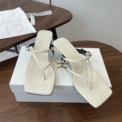 THE ROW 26S SQUARE TOE THONG HEELS IN IVORY WHITE CALFSKIN