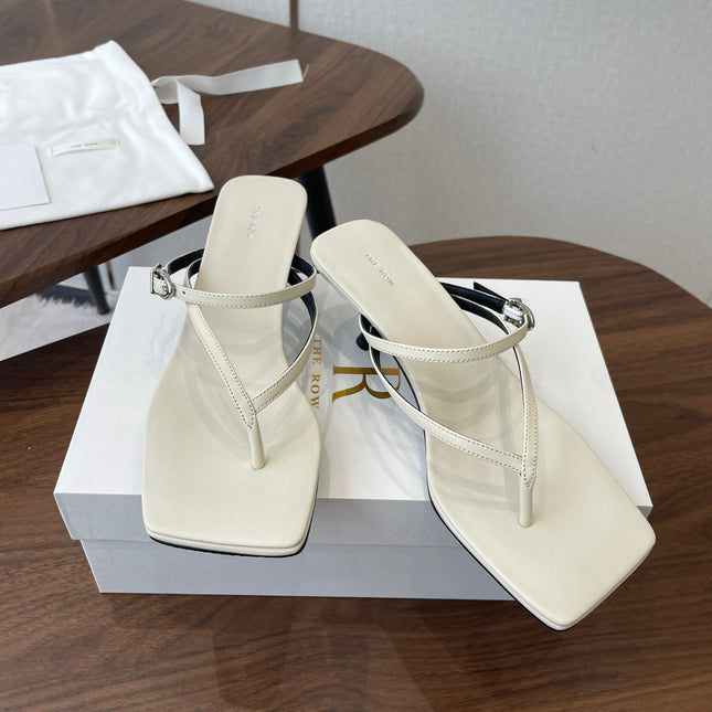THE ROW 26S SQUARE TOE THONG HEELS IN IVORY WHITE CALFSKIN