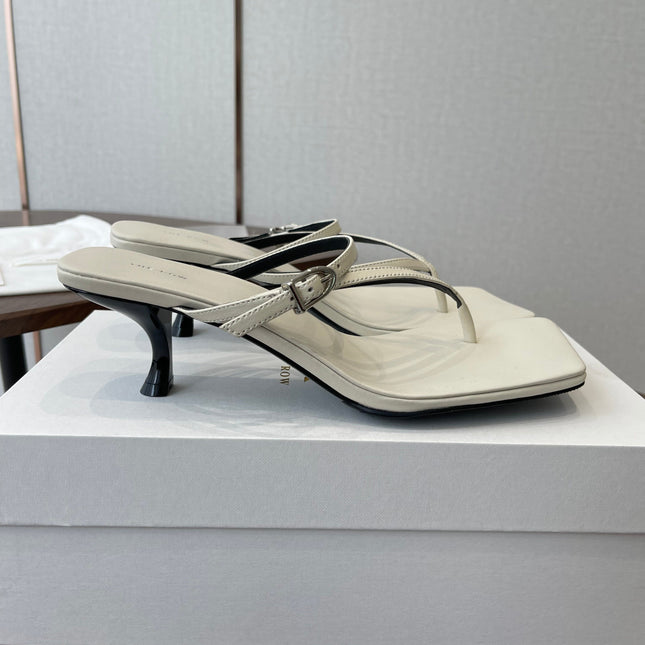 THE ROW 26S SQUARE TOE THONG HEELS IN IVORY WHITE CALFSKIN