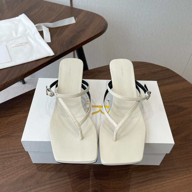 THE ROW 26S SQUARE TOE THONG HEELS IN IVORY WHITE CALFSKIN