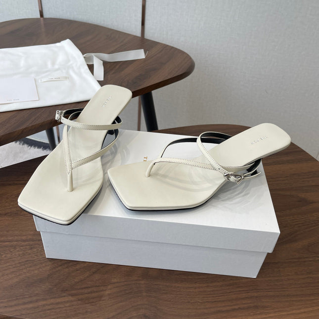 THE ROW 26S SQUARE TOE THONG HEELS IN IVORY WHITE CALFSKIN