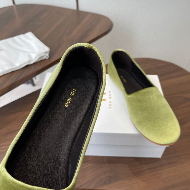 THE ROW 26S BALLET FLATS IN LIGHT OLIVE GREEN VELVET