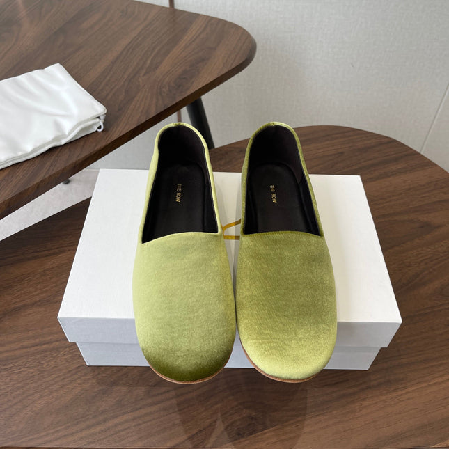 THE ROW 26S BALLET FLATS IN LIGHT OLIVE GREEN VELVET