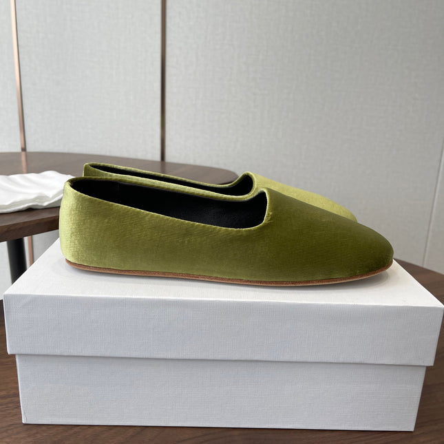 THE ROW 26S BALLET FLATS IN LIGHT OLIVE GREEN VELVET
