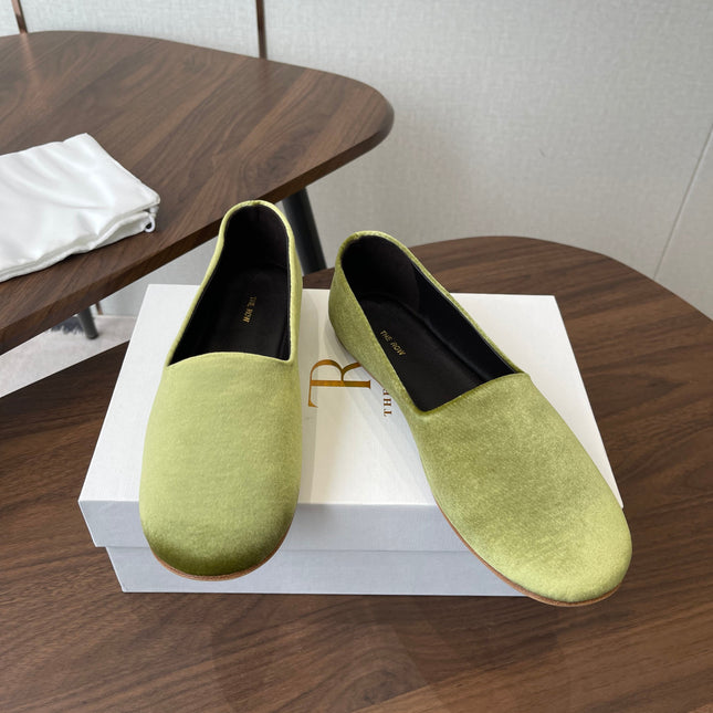 THE ROW 26S BALLET FLATS IN LIGHT OLIVE GREEN VELVET
