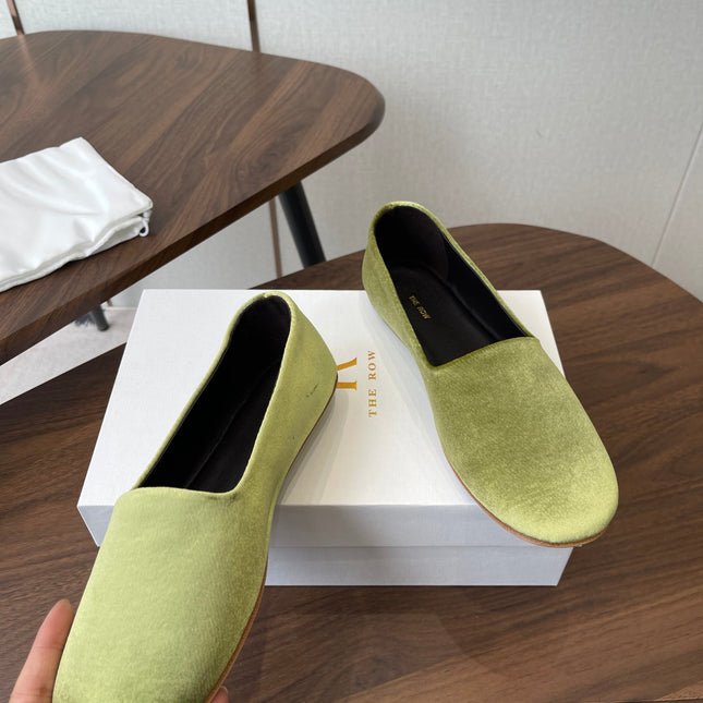 THE ROW 26S BALLET FLATS IN LIGHT OLIVE GREEN VELVET