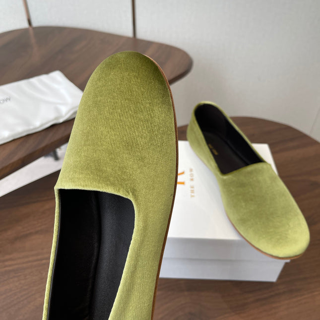 THE ROW 26S BALLET FLATS IN LIGHT OLIVE GREEN VELVET
