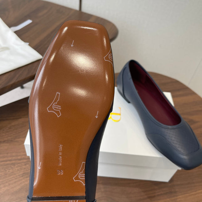 THE ROW 26S SQUARE TOE  BALLET FLATS IN BLUE BLACK CALFSKIN