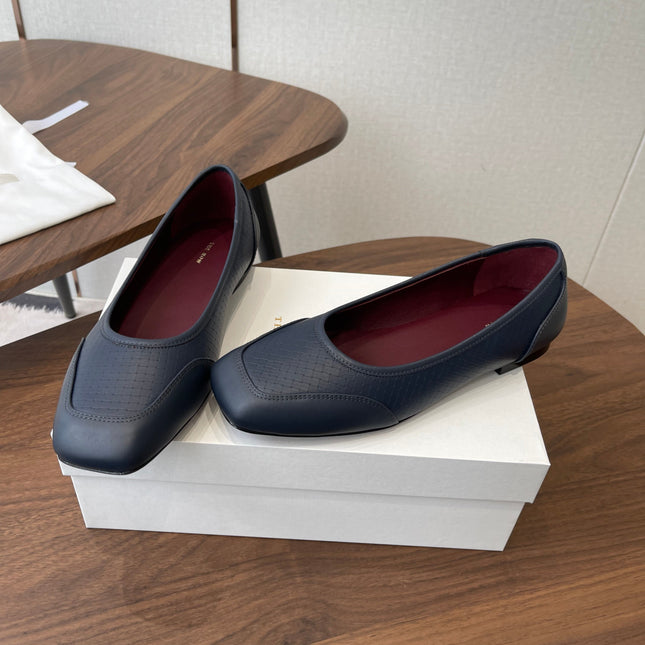 THE ROW 26S SQUARE TOE  BALLET FLATS IN BLUE BLACK CALFSKIN