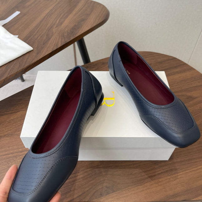 THE ROW 26S SQUARE TOE  BALLET FLATS IN BLUE BLACK CALFSKIN