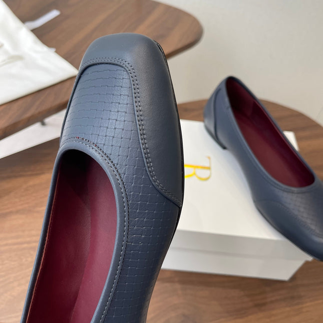 THE ROW 26S SQUARE TOE  BALLET FLATS IN BLUE BLACK CALFSKIN