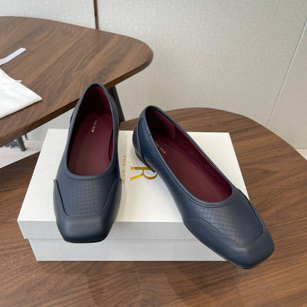 THE ROW 26S SQUARE TOE  BALLET FLATS IN BLUE BLACK CALFSKIN