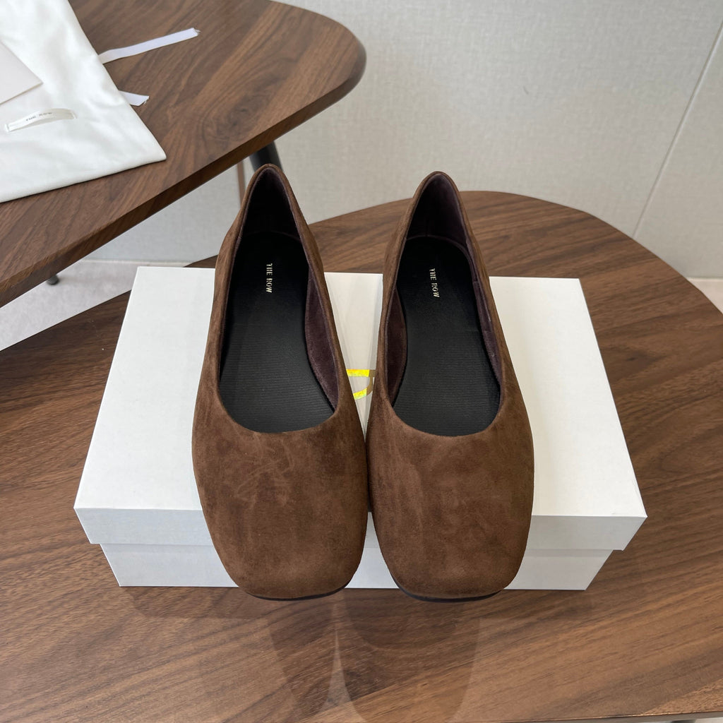THE ROW 26S FLATS IN DARK BROWN SUEDE