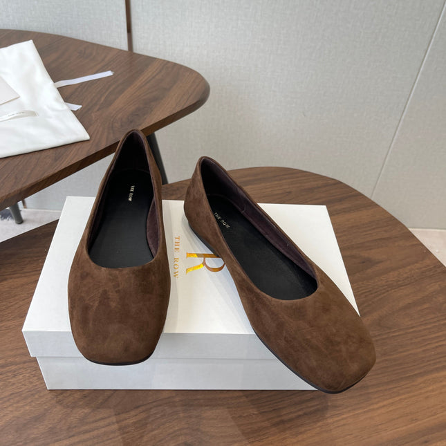 THE ROW 26S FLATS IN DARK BROWN SUEDE