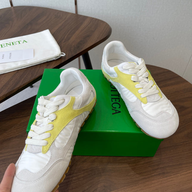 BOTTEGA VENETA 26S ORBIT FLASH SNEAKERS IN WHITE AND YELLOW SUEDE