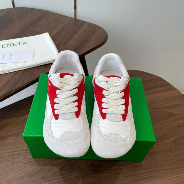 BOTTEGA VENETA 26S ORBIT FLASH SNEAKERS IN WHITE AND RED SUEDE