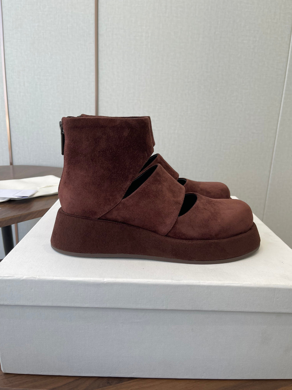 THE ROW 26S PLATFORM MARY JANE IN CHOCOLATE BROWN SUEDE